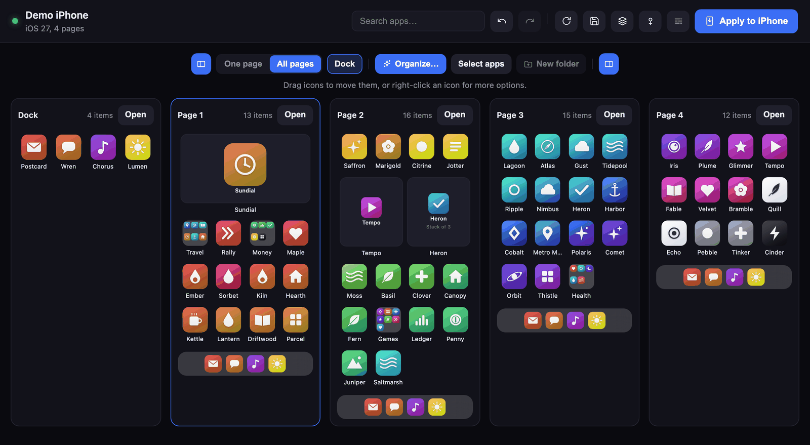 Every page of a Home Screen after sorting by color, with the apps running from red through orange, yellow, green, blue and purple to gray.