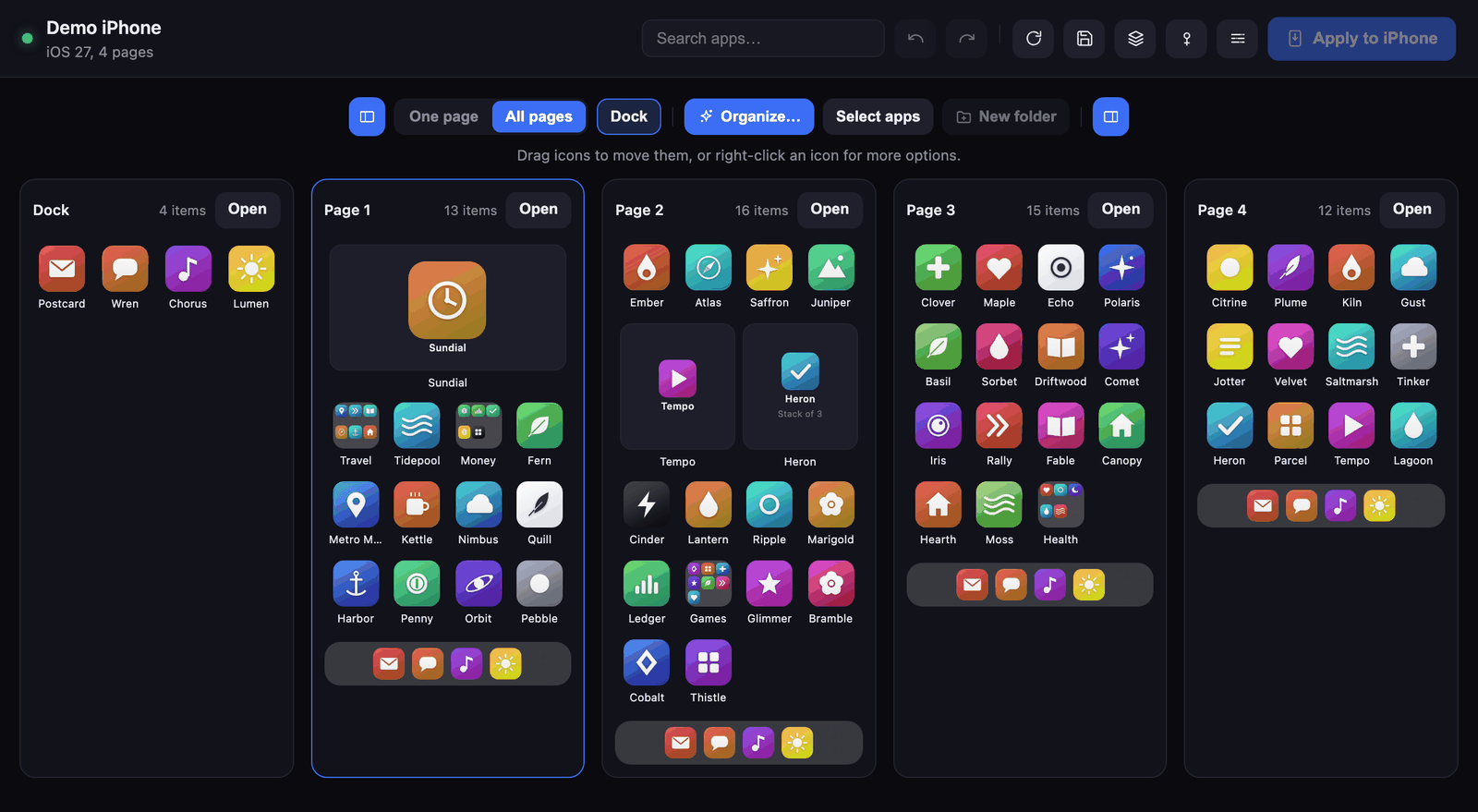 The Icon Mosaic window, showing the pages of an iPhone Home Screen side by side, with the list of pages on the left and the changes panel on the right.