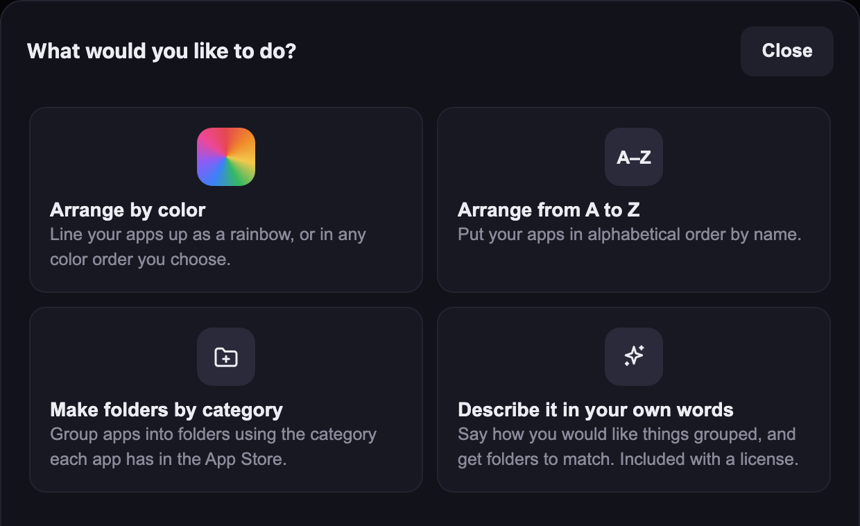 The Organize window, offering to arrange apps by color, from A to Z, into folders by category, or by describing it in your own words.